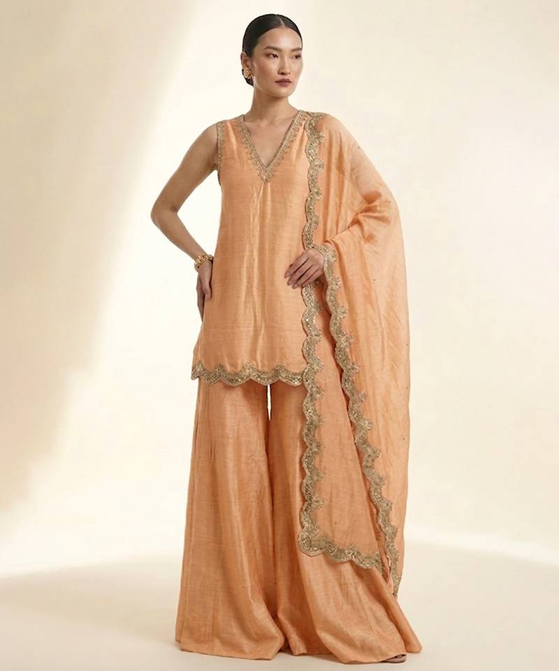 Pastel orange embroidered silk sharara set