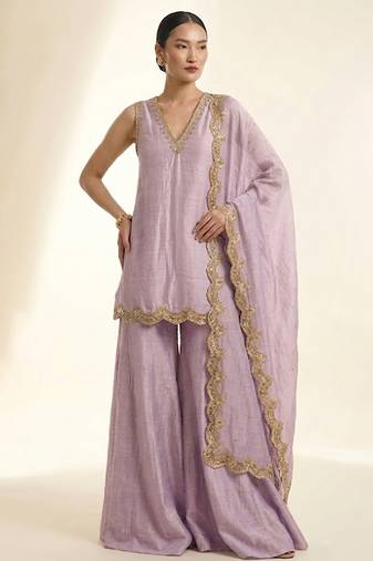 Lilac purple embroidered silk sharara set