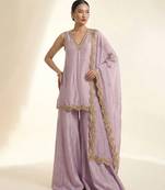 Lilac purple embroidered silk sharara set