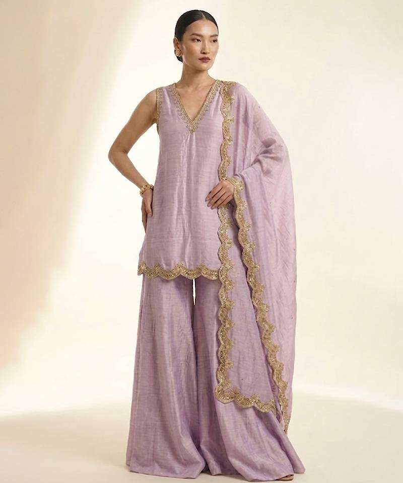 Lilac purple embroidered silk sharara set
