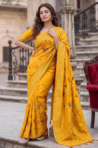 Mustard Dola Silk Saree with Silver Zari & Multicolor Thread Woven Work | Festive Wear
