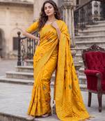 Mustard Dola Silk Saree with Silver Zari & Multicolor Thread Woven Work | Festive Wear