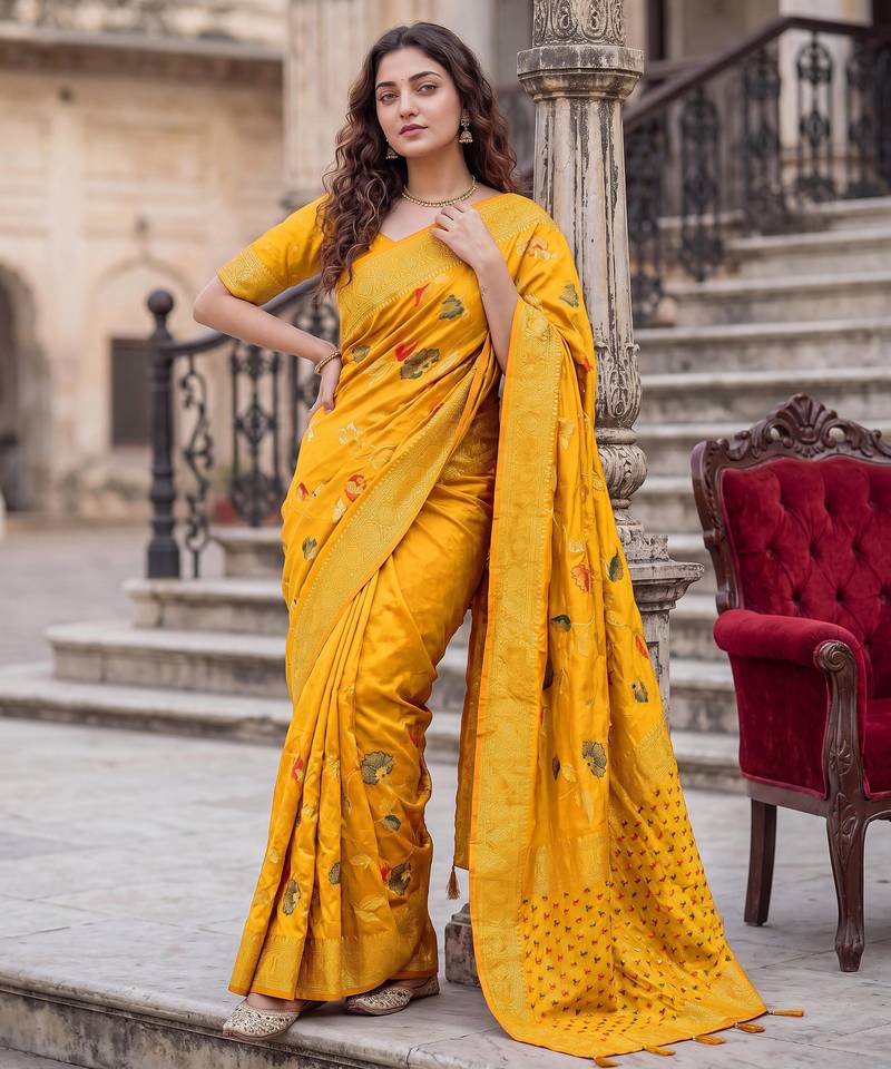 Mustard Dola Silk Saree with Silver Zari & Multicolor Thread Woven Work | Festive Wear