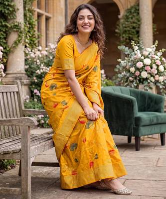 Mustard Dola silk blend Saree with Silver Zari & Multicolor Thread Woven Work | Festive Wear 2