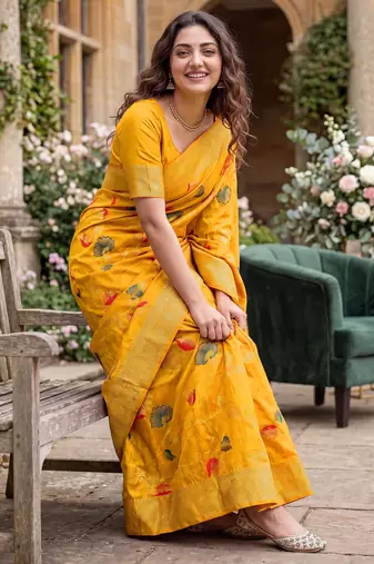 Mustard Dola silk blend Saree with Silver Zari & Multicolor Thread Woven Work | Festive Wear