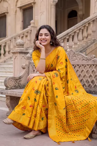 Mustard Dola silk blend Saree with Silver Zari & Multicolor Thread Woven Work | Festive Wear