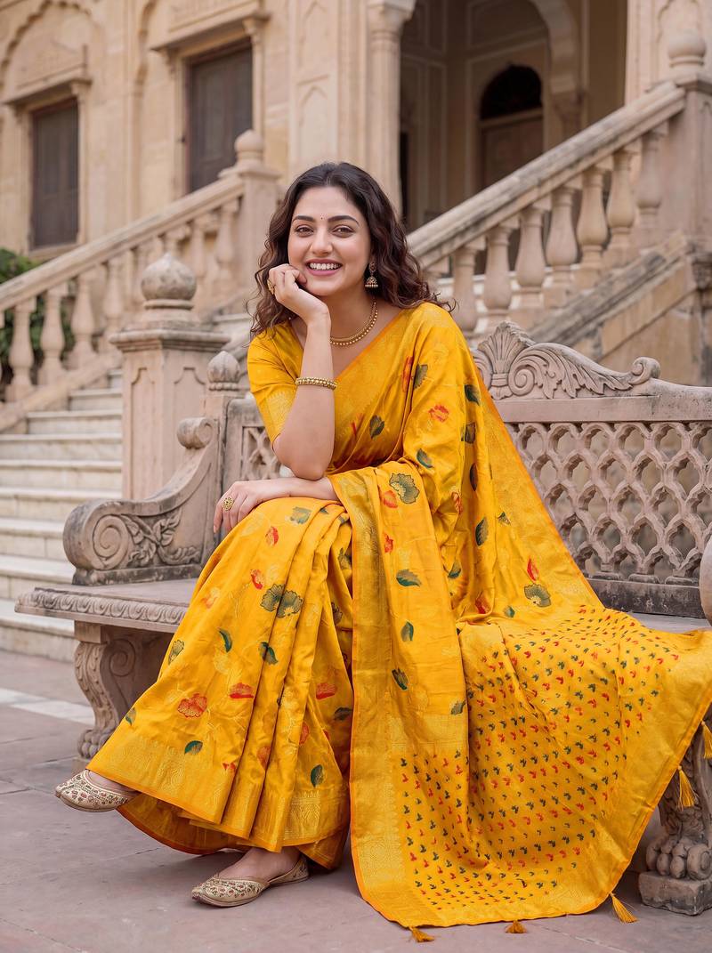 Mustard Dola Silk Saree with Silver Zari & Multicolor Thread Woven Work | Festive Wear