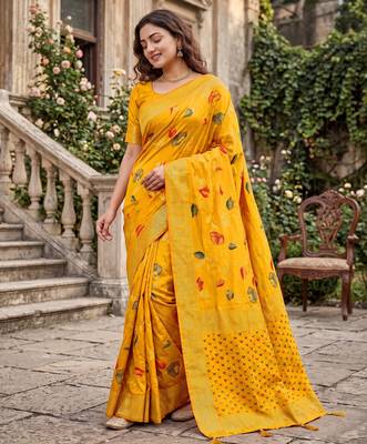 Mustard Dola silk blend Saree with Silver Zari & Multicolor Thread Woven Work | Festive Wear 4