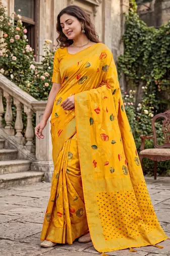 Mustard Dola silk blend Saree with Silver Zari & Multicolor Thread Woven Work | Festive Wear