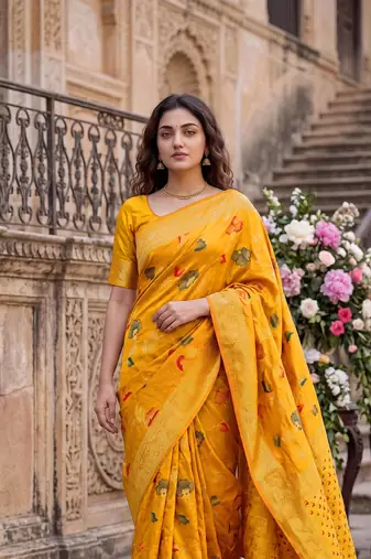 Mustard Dola silk blend Saree with Silver Zari & Multicolor Thread Woven Work | Festive Wear