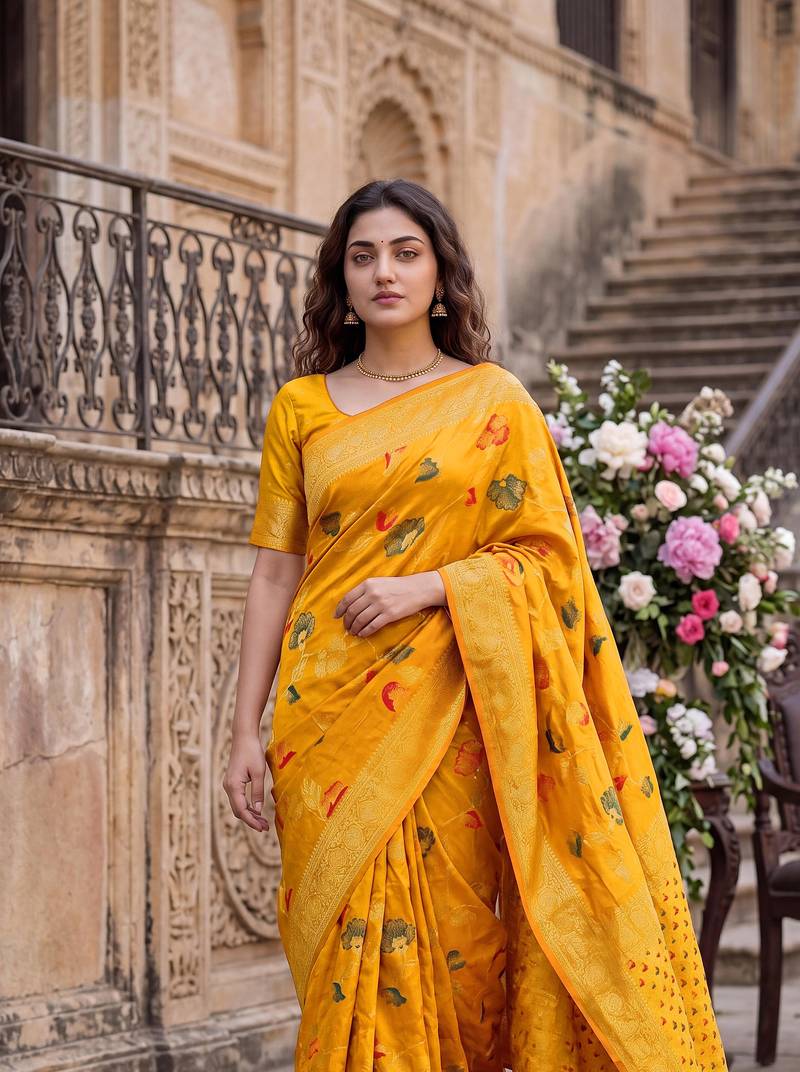 Mustard Dola Silk Saree with Silver Zari & Multicolor Thread Woven Work | Festive Wear