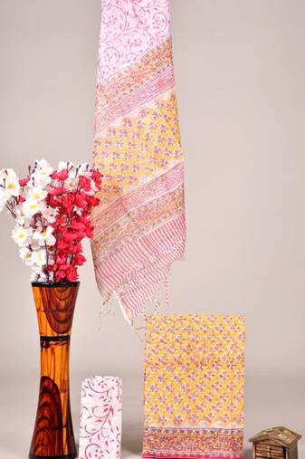 Yellow exclusive new hand block printed kota cotton dress materials