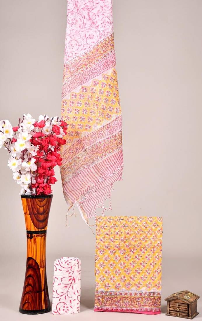 Yellow exclusive new hand block printed kota cotton dress materials