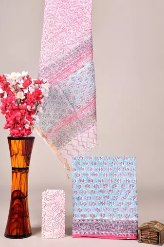 Sky blue exclusive new hand block printed kota cotton dress materials