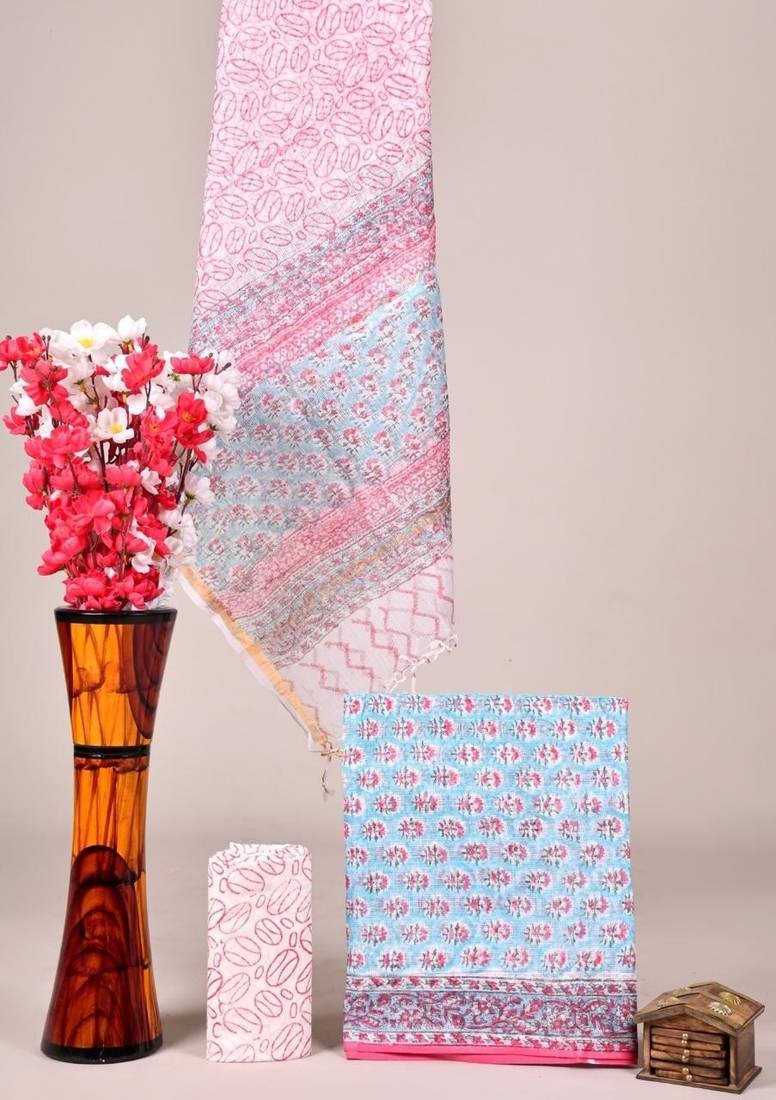 Sky blue exclusive new hand block printed kota cotton dress materials