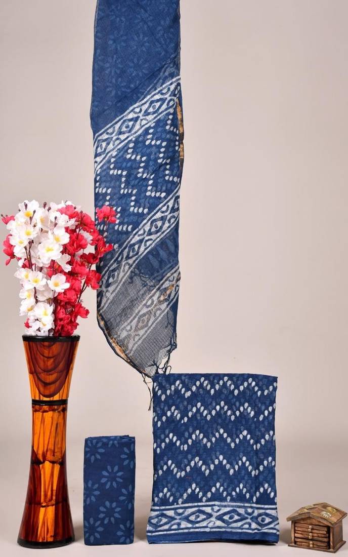 Blue exclusive new hand block printed kota cotton dress materials