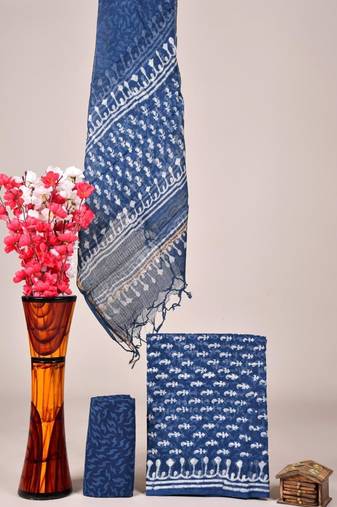 Blue exclusive new hand block printed kota cotton dress materials