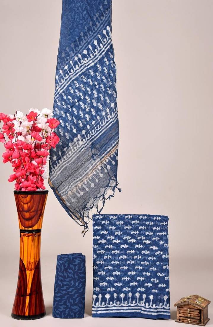 Blue exclusive new hand block printed kota cotton dress materials