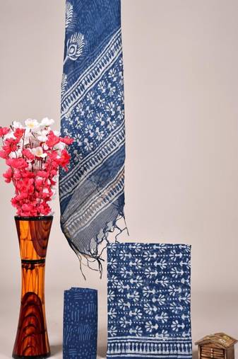 Blue exclusive new hand block printed kota cotton dress materials