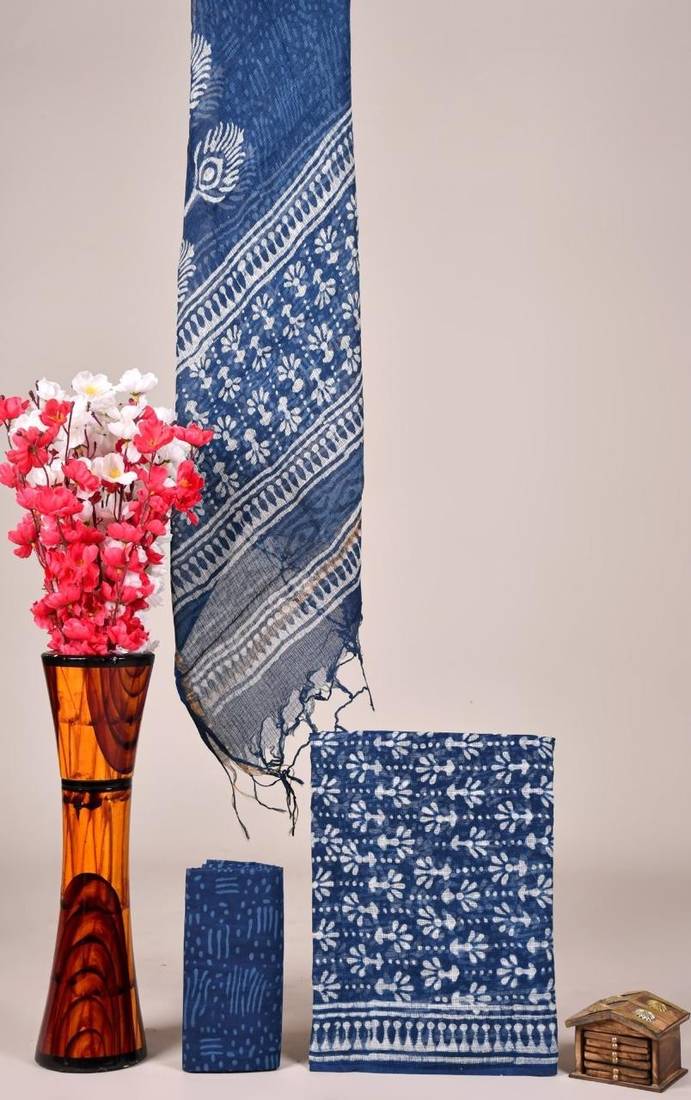 Blue exclusive new hand block printed kota cotton dress materials