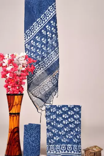 Blue exclusive new hand block printed kota cotton dress materials