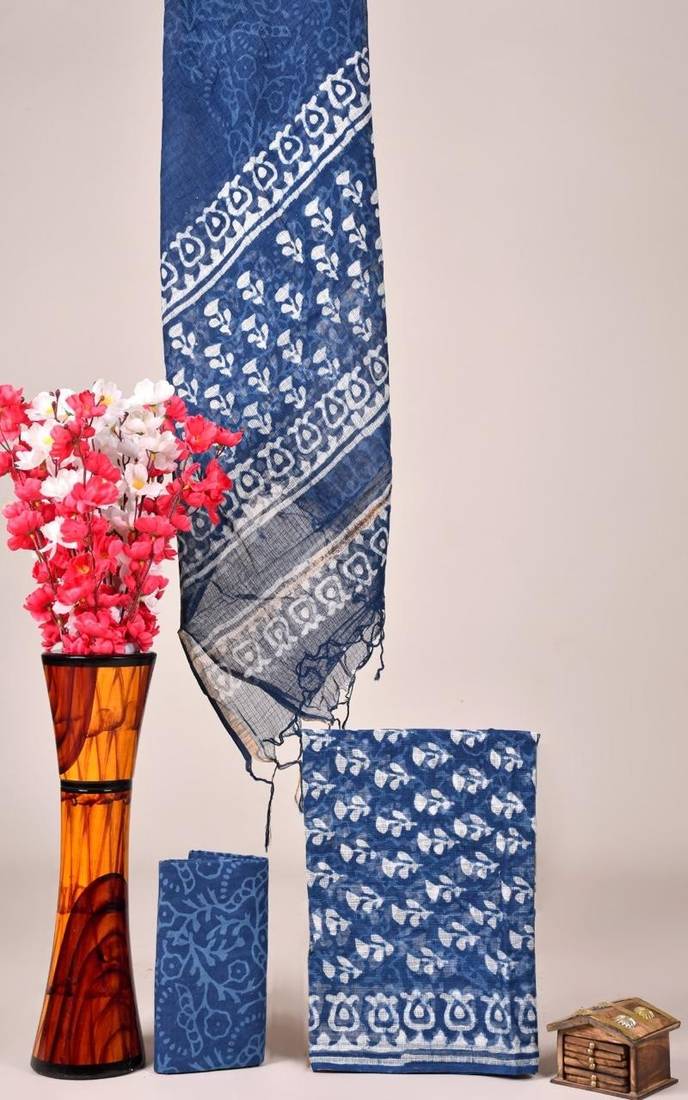 Blue exclusive new hand block printed kota cotton dress materials