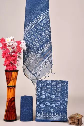 Blue exclusive new hand block printed kota cotton dress materials