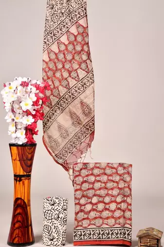 Red exclusive new hand block printed kota cotton dress materials