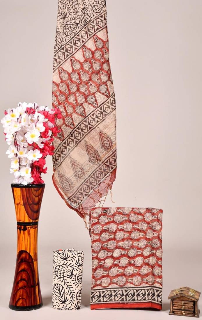 Red exclusive new hand block printed kota cotton dress materials