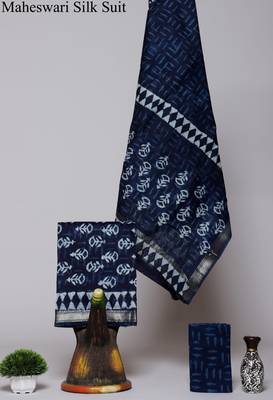 Blue exclusive new hand block printed maheshwari silk zari border suits pieces 1