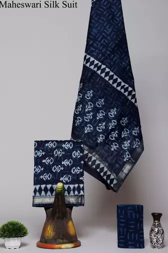 Blue exclusive new hand block printed maheshwari silk zari border suits pieces
