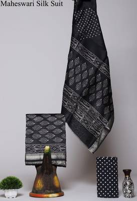 Black exclusive new hand block printed maheshwari silk zari border suits pieces 1