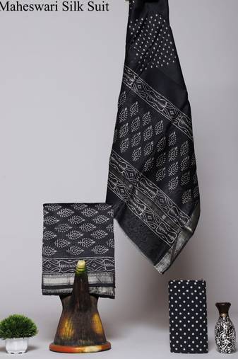 Black exclusive new hand block printed maheshwari silk zari border suits pieces