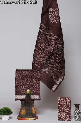 Brown exclusive new hand block printed maheshwari silk zari border suits pieces