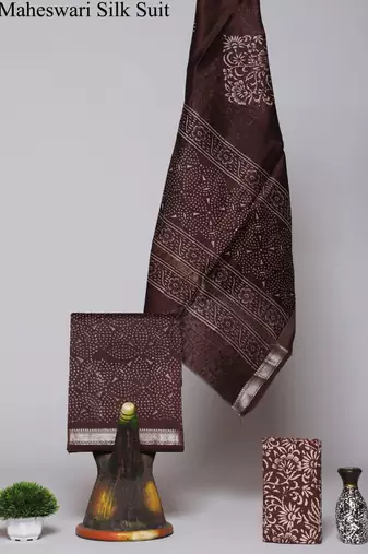 Brown exclusive new hand block printed maheshwari silk zari border suits pieces