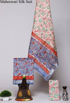 Peach exclusive new hand block printed maheshwari silk zari border suits pieces 1
