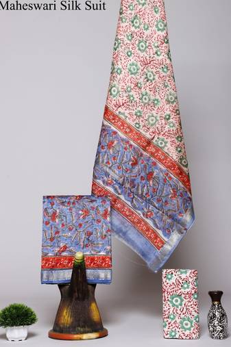 Peach exclusive new hand block printed maheshwari silk zari border suits pieces