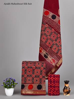 Red exclusive new hand block printed maheshwari silk zari border suits pieces 1