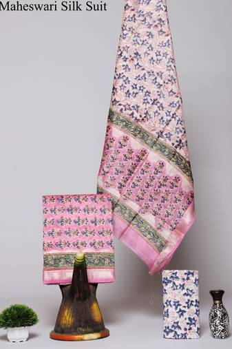 White exclusive new hand block printed maheshwari silk zari border suits pieces