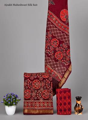 Red exclusive new hand block printed maheshwari silk zari border suits pieces 1