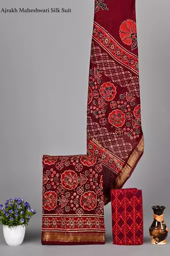 Red exclusive new hand block printed maheshwari silk zari border suits pieces