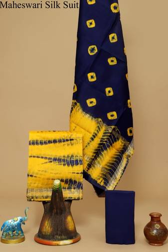 Navy blue exclusive new hand block printed maheshwari silk zari border suits pieces