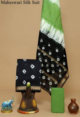 Green exclusive new hand block printed maheshwari silk zari border suits pieces 1