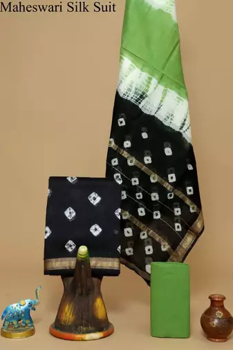 Green exclusive new hand block printed maheshwari silk zari border suits pieces