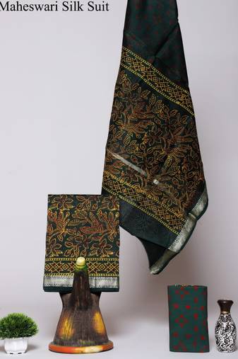 Black exclusive new hand block printed maheshwari silk zari border suits pieces