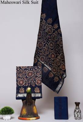 Blue exclusive new hand block printed maheshwari silk zari border suits pieces 1