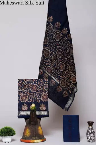 Blue exclusive new hand block printed maheshwari silk zari border suits pieces