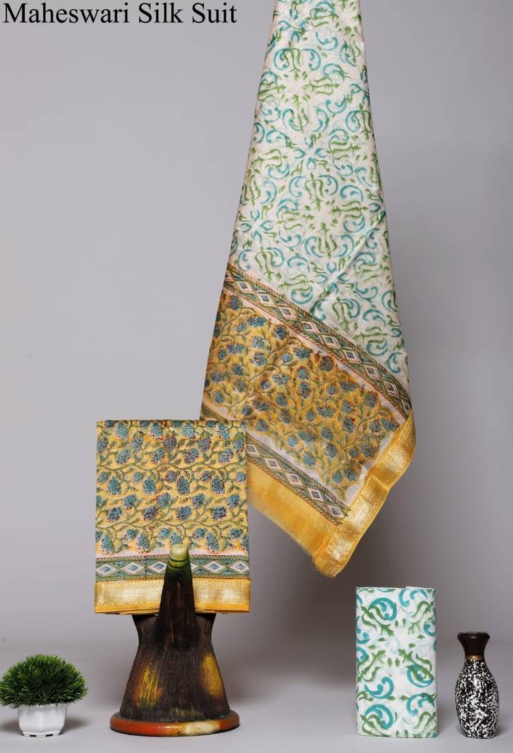 Off white exclusive new hand block printed maheshwari silk zari border suits pieces