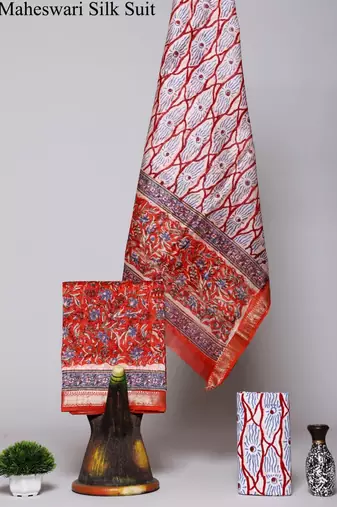 Red exclusive new hand block printed maheshwari silk zari border suits pieces