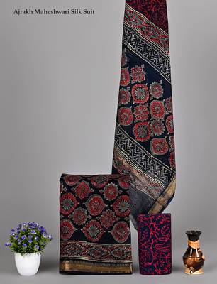 Multicolor exclusive new hand block printed maheshwari silk zari border suits pieces 1